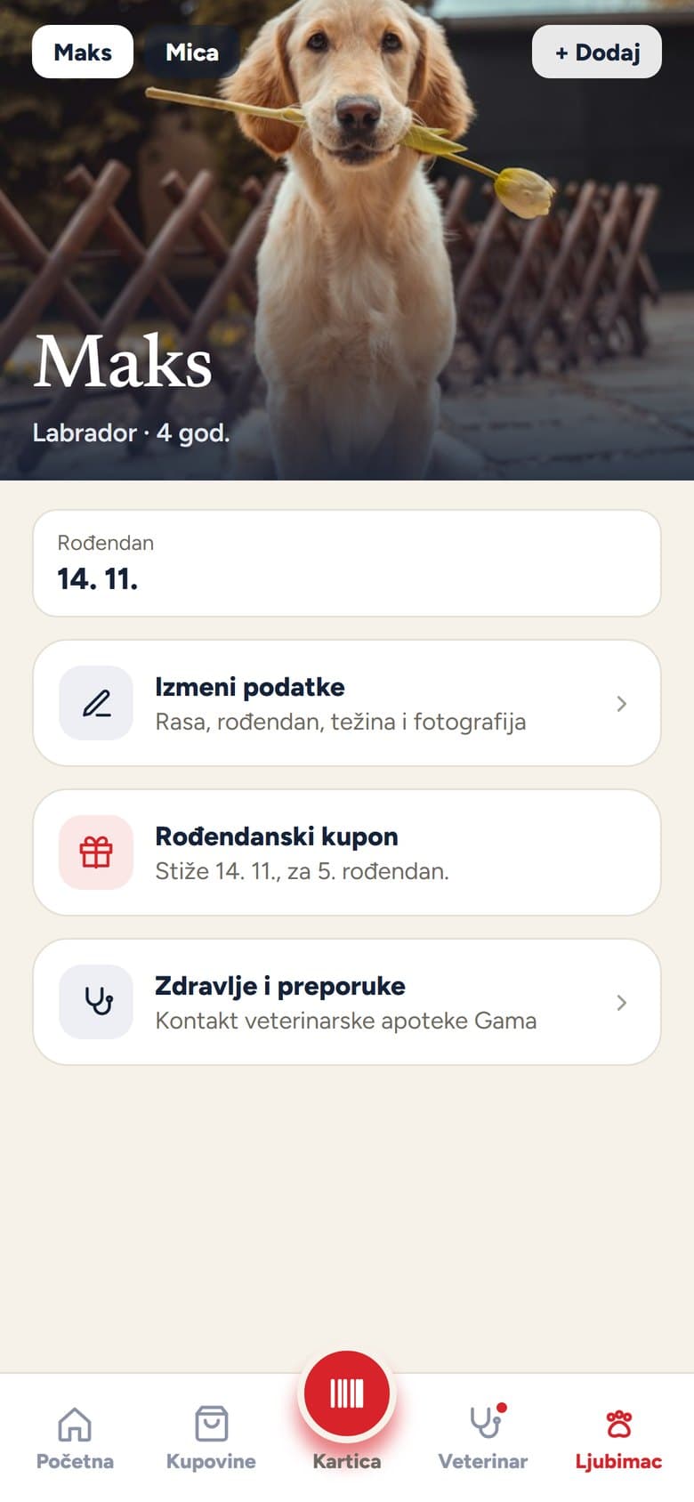 Profil ljubimca u Gama aplikaciji