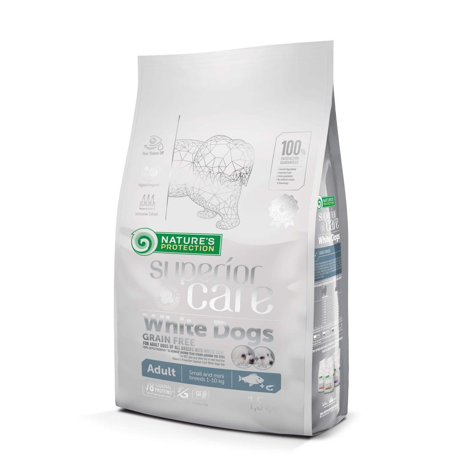 Nature's Protection Superior Care White Dogs Grain Free riba, za odrasle pse malih rasa, 1,5 kg